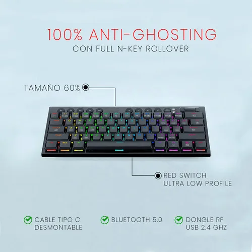 Teclado Inalámbrico Redragon Horus Mini K632 Pro Rgb 60% Red Color del Teclado Negro Idioma Inglés US